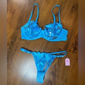🎀🌷 Sky Blue Sheer Satin Floral Embroidery Sexy 2 Pc Lingerie Set 🌷🎀 NWT